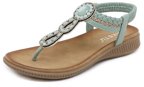 Meik Mangni Damen Sandalen Sommer Bohemian Flache Zehentrenner Strass Sandaletten Strand Schuhe Plattform Flip Flops A Grün Gr.39