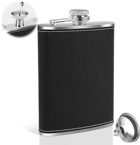 VFANDV Petacas de Alcohol de Acero Inoxidable, 8 Oz 227ml Petaca Portátil con Embudo, Negro Frasco de Alcohol Whisky para Escalada, Camping, Barbacoa, Senderismo