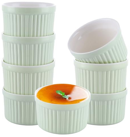 AHAQU Ramekins Set of 8, 120ml/4oz Small Porcelain Ramekins for Air Fryer, 7.5x7.5x4.5cm Porcelain Souffle Dish for Baking, Creme Brulee, Ice Cream, Pudding, Sauce and Dips- Green