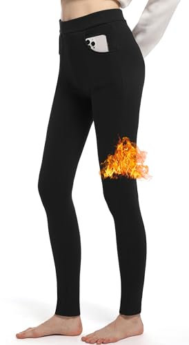 LYRIKER Thermo Leggings Gefüttert Damen Winter Fleece Thermoleggings aus Baumwolle Thermoleggins mit Taschen Schwarz XS-XL
