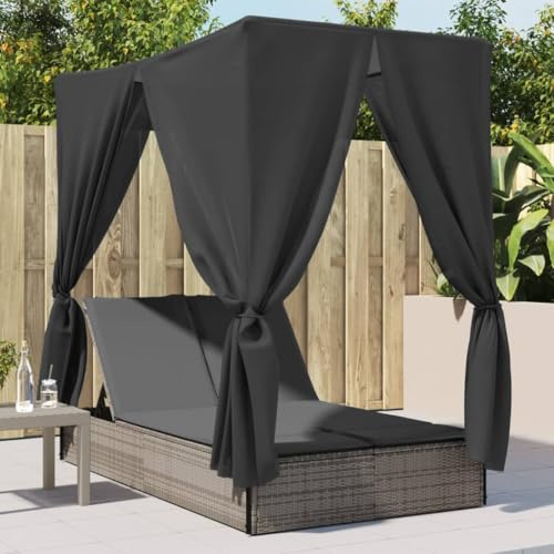 Homgoday Lettino doppio, con tetto e tende, da giardino, per 2 persone, letto matrimoniale, schienale regolabile, grigio, polyrattan