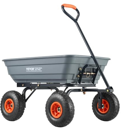 VEVOR 4 Cu.Ft. 600lbs Poly Garden Dump Cart, Heavy Duty 4 Wheel Wheelbarrow Yard Cart Dump Wagon with 10in All Terrain Wheels, Steel Frame and Quick Release System