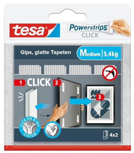 tesa Powerstrips CLICK - Klett-Klebepads zum An- und Abklicken von Bilderrahmen und Wanddekorationen ohne Bohren - selbstklebende Klettband-Strips mit ON und OFF Click-System - Medium - 4 x 2 Stück