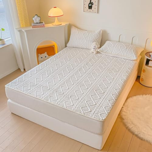 KnSam Beige Weiß Betttuch 200x220cm Protection, Spannbettlaken Gesteppt Einfarbig Textilien Klassische, Samt Bett Laken Bezug Unterbett als Schutz für Boxspringbett & Topper