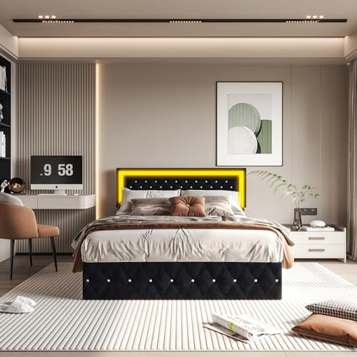 KeepGoon 180x200 cm Hydraulisches Bett,Doppelbett mit Lattenrost und Stauraum,Polsterbett Inklusive LED-Lichtleiste,Stauraumbett,Verstellbares Kopfteil,Bettrahmen,Samt,Luftbett (Schwarz)