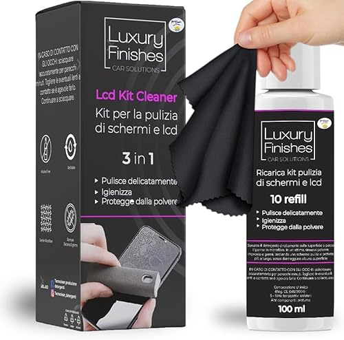 Luxury Finishes - Spray Pulitore Schermo, Auto, Smartphone, LCD, Touch screen, TV, Laptop, Monitor, pc, altri dispositivi elettronici, Igienizza e protegge dalla polvere - con ricarica 100 ml inclusa
