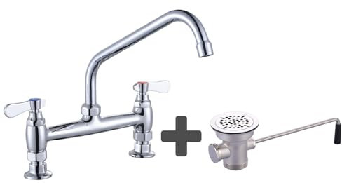 Robinet d'évier commercial avec bec pivotant de 10 po et conduites d'alimentation, robinet de cuisine à montage central de 8 po et bonde d'évier commerciale : bonde de vidange d'évier de 3-1/2 po -