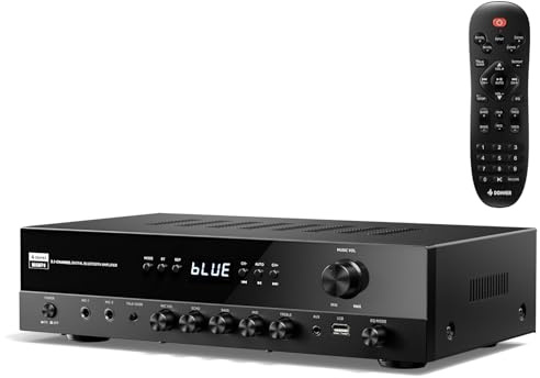 Donner Audio-Leistungsverstärker, 5.1-Kanal-Audioverstärker mit Bluetooth 5.3, optischem/koaxialem Eingang, USB, FM, 2 Mikrofoneingängen, Echo, Cinch-Eingang für Heimkino, Karaoke, MAMP4