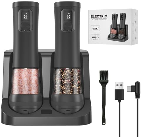 Molinillos eléctricos de sal y pimienta, juego de 2 piezas de molinillo de pimienta automático, con base recargable, 5 ajustables, pantalla LED, regalo de cocina (2, negro, base recargable por USB)