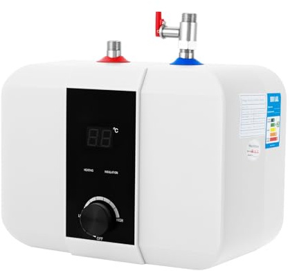 Calentador de agua eléctrico 6L, mini calentador de agua de acumulación de 1500 W, con pantalla de temperatura y válvula de seguridad, globo de agua caliente eléctrico, montado en la pared o debajo