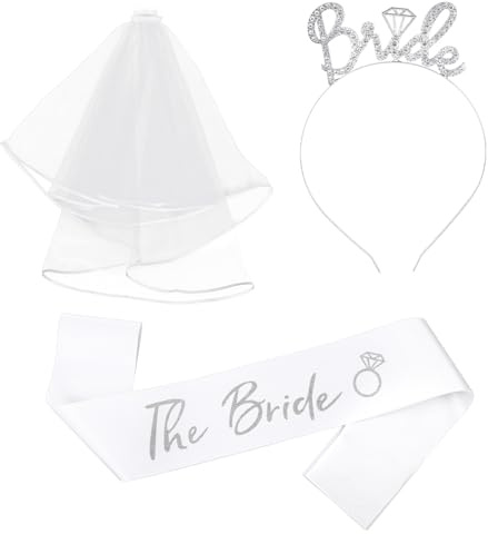 3 st brudband strass brud pannband och vit brudslöja set elegant slöja pannband satin skärp brudar tillbehör för möhippa möhippa och bröllopstillbehör