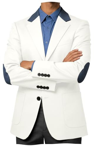 Men‘s Linen-Blend Blazer with Denim Collar & Elbow Patches Smart Modern Sport Coat Lightweight Casual Jacket White XL