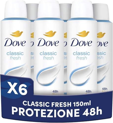 Dove Deodorante Spray Classic, Spray Antitraspirante, Protezione Fino a 48 Ore, con 1/4 di Crema Idratante, Formula Delicata, Deodorante Uomo e Donna, 6x150ml