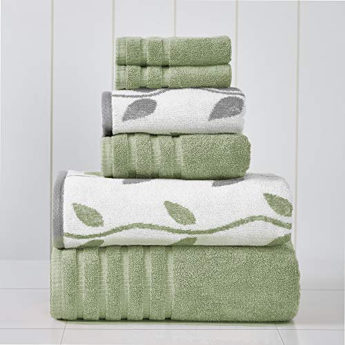 Amrapur 6-Piece Yarn Dyed Organic Vines Jacquard/Solid Ultra Soft 550GSM 100% Combed Cotton Towel Set 2 Badetücher, 2 Handtücher, 2 Waschlappen, Baumwolle, Salbei, Standard