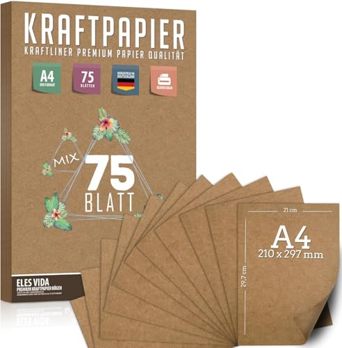 Conjunto de 75 Hojas de Papel Kraft A4-120 & 180 & 260 g - 21 x 29,7 cm - Formato DIN - Papel para Manualidades & Hojas de Cartón Natural para Imprimir, Papel Cartulina para Boda Vintage