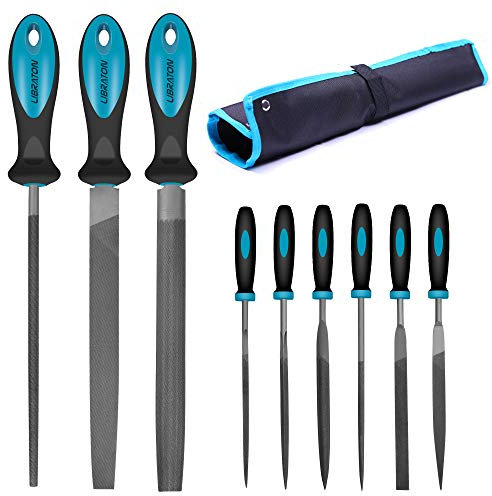 LIBRATON Juego de limas y escofinas 9pcs, Juego de limas multiusos en acero con alto contenido de carbono incluye lima plana,semirredondas,redondas y 6 Pcs limas de agujas,para metal,madera
