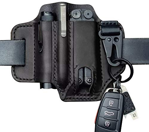 Multitool Leather Sheath Pocket Organizer, EDC Leather Sheath for Leatherman Multitools Leather Sheath/Key Holder Belt Loops Sheath/Flashlight Holster with Keyring, Tools for Outdoor Camping, Black