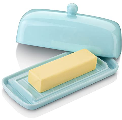 Nucookery Ceramic Butter Dish with Lid | Raised Legs and Non-Slip Strip Design | Porcelain Health | Dishwasher Safe, Lake Blue