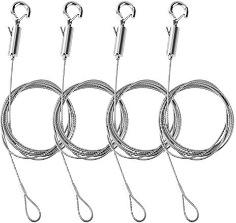 JSMTKJ 4 Stück Drahtseil Einstellbar Stahlseil Edelstahlseil Sicherheitskabelschloss Stahlseil mit Schleife und Haken Edelstahl Draht Seil für Bilder Licht DIY Lampe Kleiderbügel 1.5m x 1,5mm
