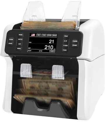 NUCOUN VS-75 Bill Counter Machine Mixed Denomination,Money Counter Machine with Reject Pocket,Counterfeit Detection 2 CIS/UV/MG/IR,Multi Currency Bill Sorter,Value Count,Serial Number Read,Print&Sort