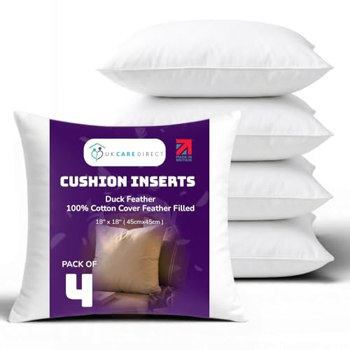 UK Care Direct Feather Cushion Inserts 45cmx45cm; Cushion with 100% Cotton Cover - Hypoallergenic Insert - Ethically Sourced Duck Feather Filling - Made in UK - Pack of 18 x 18 inch 4 Cushion