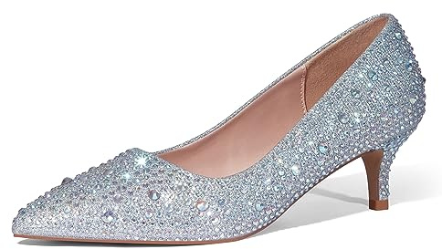 Zhabtuc Tacones de gatito para mujer de 2 pulgadas, 2 pulgadas, elegantes tacones bajos sin cordones, puntera cerrada, tacones de noche, zapatos de tacón de oficina, Diamantes de imitación plateados