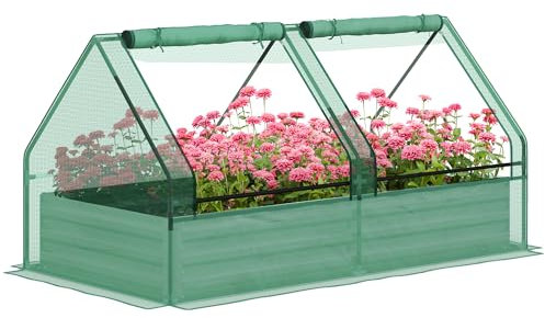 Outsunny Raised Garden Bed with Mini Greenhouse, Outdoor Metal Planter Box with Cover, for Herbs and Vegetables, Use for Patio, Garden, Balcony, Green and Dark Grey
