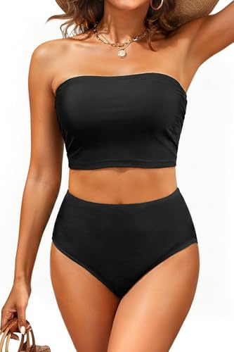 Tempt Me Women Black Bandeau Bikini Set Strapless High Waisted Two Piece Swimsuit Longline Bathing Suits XL