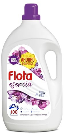 FLOTA | Detergente Líquido Quitamanchas incluso en Agua Fría para Lavadora | Ropa Blanca y de Color | Fragancia Esencia | 100 Lavados | Formato Familiar