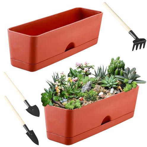 Paquete de 2 macetas rectangulares grandes de 16 pulgadas, macetas rectangulares para plantas de exterior e interior, maceta de plástico para alféizar de ventana para hierbas, verduras, flores,