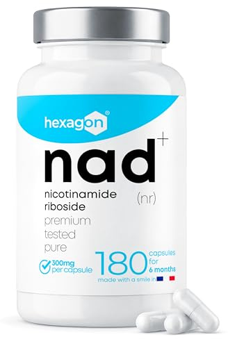 NAD+ Nicotinamide Riboside Chloride 300mg - +6 Meses de Cura - Contra la Edad y la Fatiga, NAD Booster - Polvo Puro, 180 Cápsulas - Grado Farmacéutico - Vegano - Hexagon