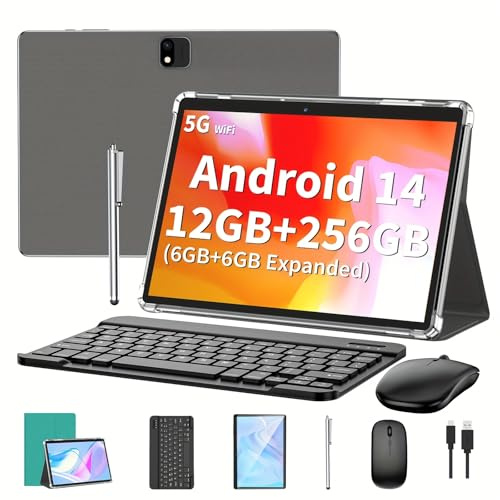 QDDQ Android Tablet,10 Zoll Tablet Android 14 mit Tastatur, 256GB ROM+1TB TF, Octa-Core, 8000mAh, 2.4G/5G WiFi, 13MP+5MP Kamera, 2 in 1 mit Tastatur Tasche, Maus, Stylus (Grün)