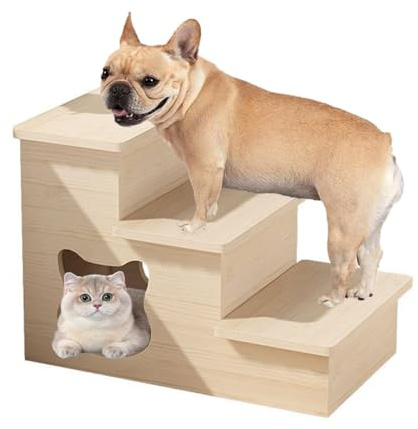 HEYOUTH Escalier pour Chien,Escalier pour Chat,Rampe pour Chien en Bois,Escalier à 3 Marches pour Animaux,avec Niche,pour Petits Chiens et Chats,60 cm de Haut