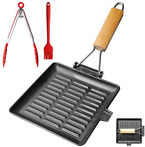 Behogan Sartén Parrilla de Hierro Fundido 20x20cm con Mango Desmontable, Sartén Cuadrada para Parrilla y Asado, Fácil de Limpiar, Compatible con Todas las Cocinas, Negra, Pinza de Silicona