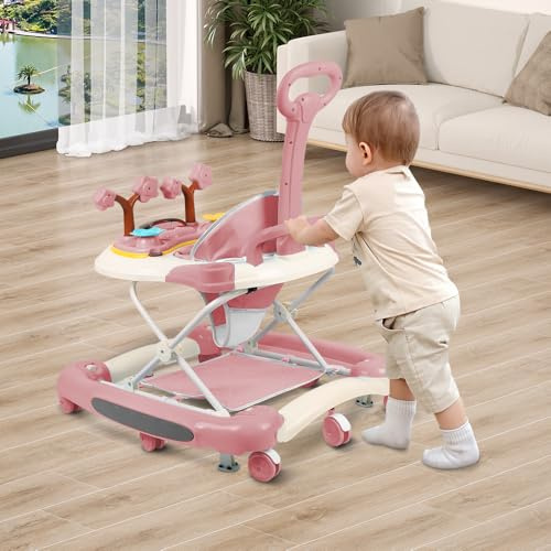 Siège Bébé Table d’Activités,Sièges Sauteurs Suspendus,Trotteur avec musique et lumières,Trotteur bébé,Siège Harnais Sauteur Bébé-67 * 72 * 92cm- Rose (A)