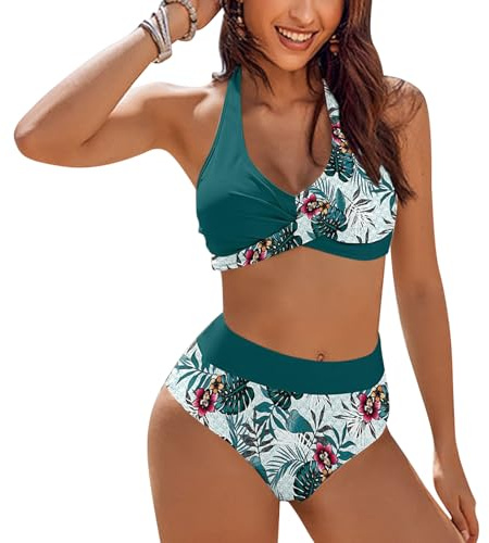 MLPKOI Conjuntos De Bikinis para Mujer Push Up Bañador Halter Estampado Floral Cuello en V Dos Piezas Cintura Alta Bikini Talla Grande Bañador Vacaciones