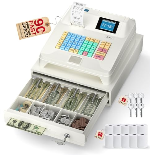 PYY Cash Register for Small Businesses - Commercial Electronic Caja Registradora para Negocio with White Medium Locked Cash Drawer Box, 8 Digital Dual Display, Retail System for Restaurant Supermarket