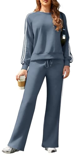 SHEKINI Tracksuit Womens Full Set Autumn Lounge Wear Sets Contrast Striped Casual Crew Neck Pullover Tops Wide Leg Jogging Pants Two Piece Travel Track Suit with Pockets