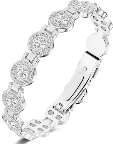 Jeracol Copper Bracelets for Women, Magnetic Bracelet with 4pcs Magnets Each Link&Circular-Cut Crystals, 99% pure copper, Jewelry Gift(Silver)