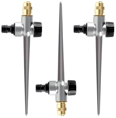 3 Piezas Irrigador de Jardín Ajustable 360° de Metal con Base de Pincho, Aspersor de Riego Césped Automatico, Rociador de Jardin para Plantas, Flores Huerto y Sistema de Irrigación con Alta Cobertura