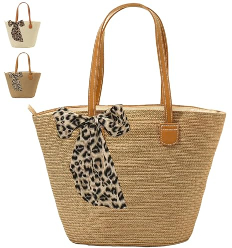 LUKIUP Stroh Handtasche, Strandtasche Groß Damen, Tasche Umhängetasche Strandtasche, Ledergriffen und Reißverschluss, Korbtasche für Strand, Reisen, Urlaub, Shopping (Khaki)