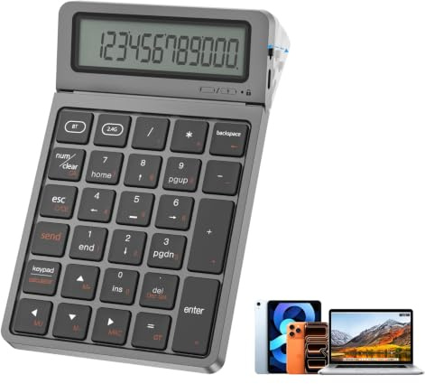 2-en-1 Pavé Numérique Bluetooth avec Calculatrice, Clavier Numérique sans Fil Bluetooth 5.0 & 2.4G, Écran Réglable & Recharge USB‑C Numpad Compatible Laptop/Mac/PC/Windows, Tablette–Portée 10 m