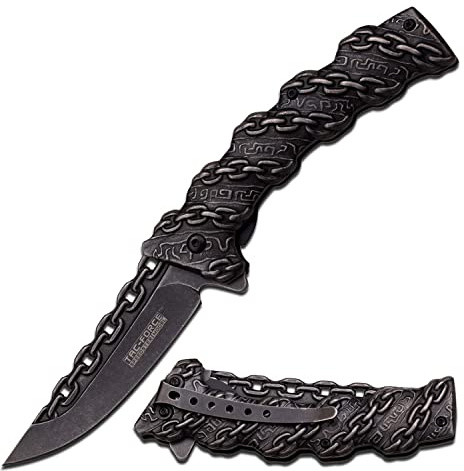 Tac-Force- Folding Pocket Knife –Stonewashed Finish Stainless Steel Blade and Handle with Sculpted Chain Link Design, Includes Pocket Clip, Tactical, EDC, Rescue - TF-859