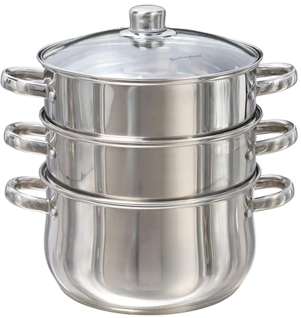 Buckingham 3 Tier Premier Steamer Set with Glass Lid Polished Mirror Finish Stainless Steel Ideal for Large Steamer Cooking Induction Compatible (24 Cm)