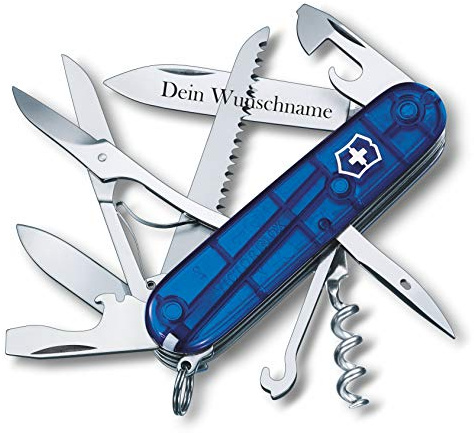 Taschenmesser HUNTSMAN mit Wunsch Gravur auf der Klinge I Geschenk für Männer Frauen I zum Geburtstag I Schweizer Taschenmesser personalisiert mit 15 Funktionen 1.3713 (blau transparent)