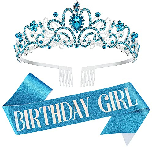 Blue Birthday Tiara and Sash with Rhinestone, Queen Crown for Women in Bulk