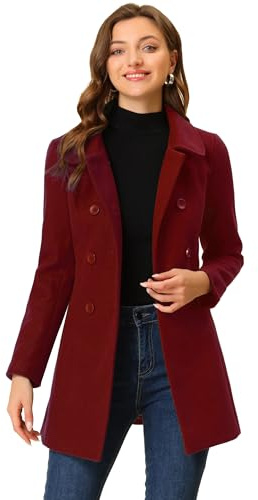 Allegra K - Cappotto doppiopetto lungo invernale da donna, peacoat, con colletto alla Peter Pan, Rosso scuro, S