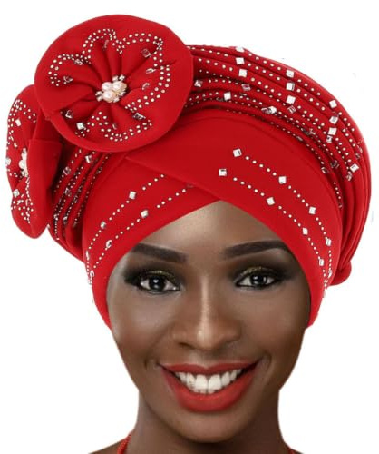 IYOU Envoltura de la Cabeza Gorro Rojo Rhinestones Pañuelo de Cabeza Flor Perlas Retorcido Turbante para Mujeres