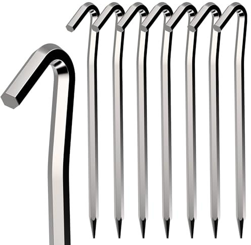 FUZVOL 8PCS 0.6cm×18cm Heavy Duty Tent Pegs Aluminum Alloy Rust Free Metal Gound Pegs For Camping Hiking Outdoor Camping Tent Accessories Bent Hook Tent Peg