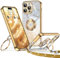 XYZ für iPhone 15 Pro Max Hülle mit Band, Herzen Doppelring Ständer Luxus Glitzer HandyHülle Kameraschutz, Frauen Stoßfest Elektroplattiert Soft TPU SchutzHülle Clear iPhone 15 Pro Max Case,Gold